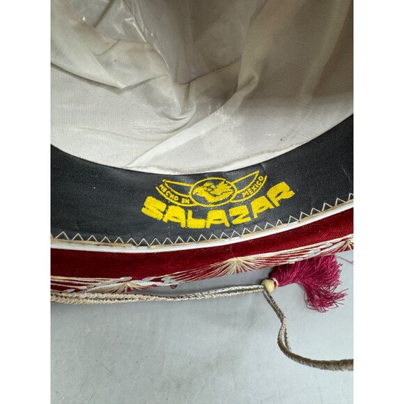 piggalle salazar Red Velvet Sombrero hat Intricate White Embroidery Tassel XL - Picture 8 of 13